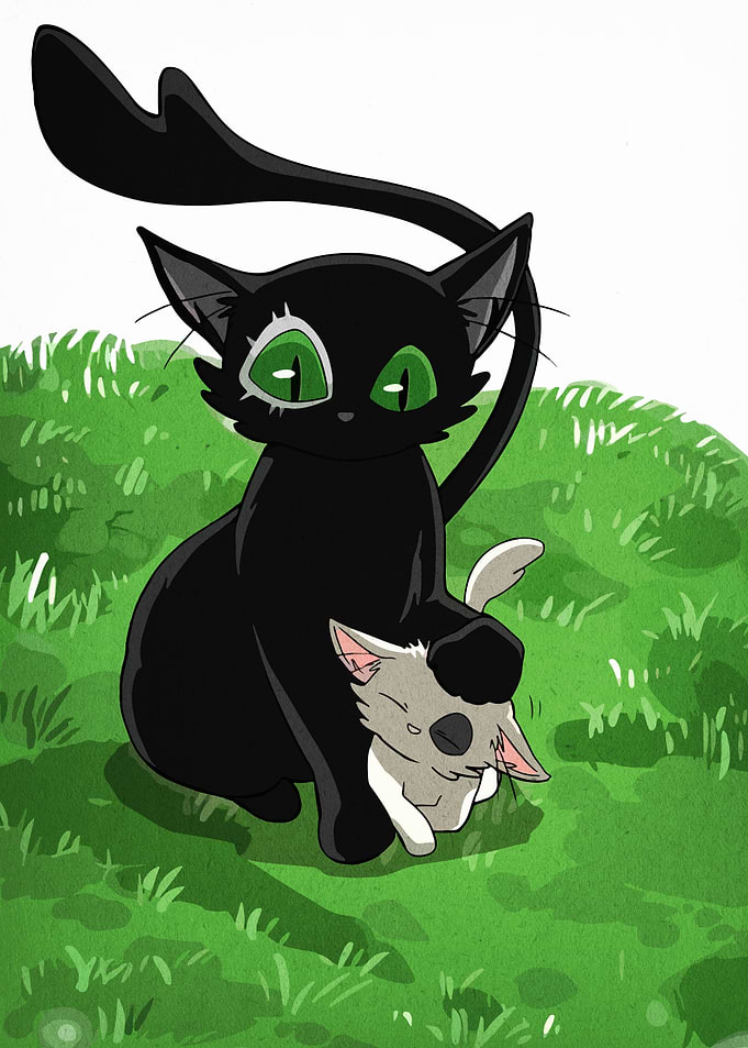 Black cat with a white kitten