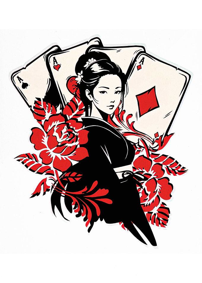 Geisha with Aces and Red Roses