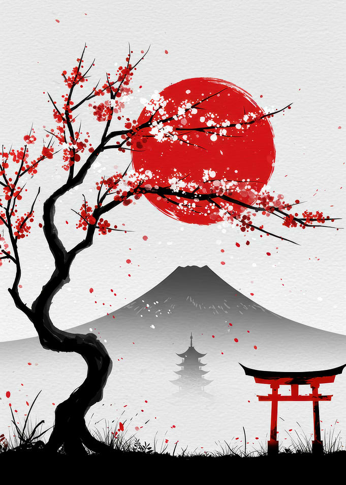 Japanese Landscape with Cherry Blossoms
