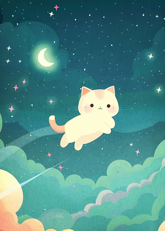 Cute Cat Floating in Starry Sky