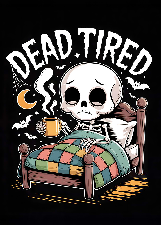 Dead Tired Skeleton with Coffee