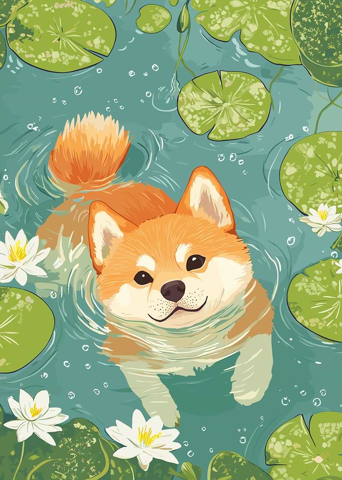 Shiba Inu Swimming in Lily Pond