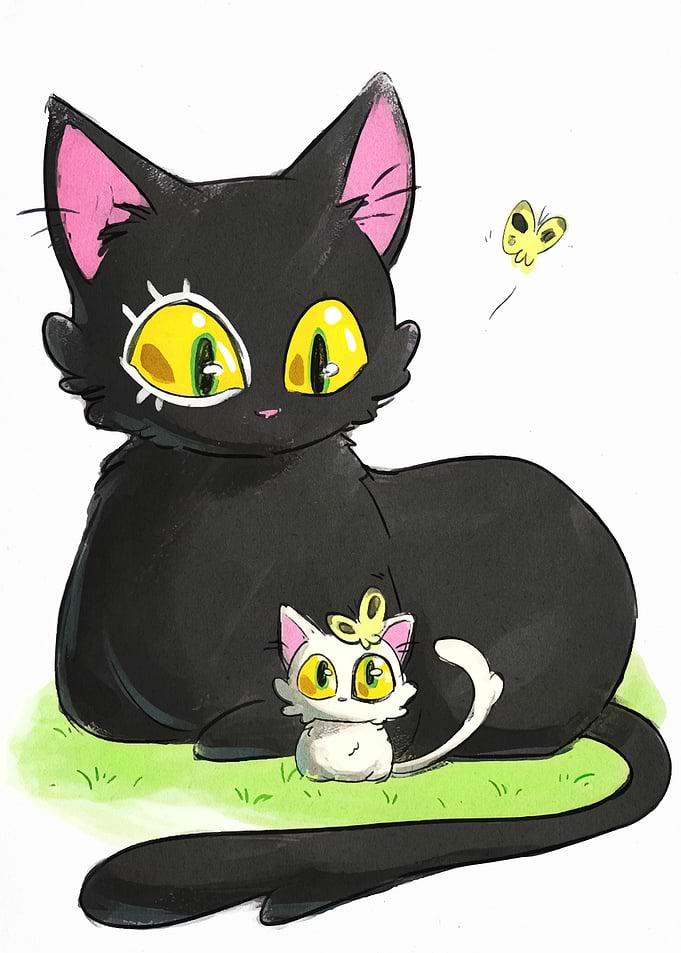 Black Cat and Kitten with Butterfly