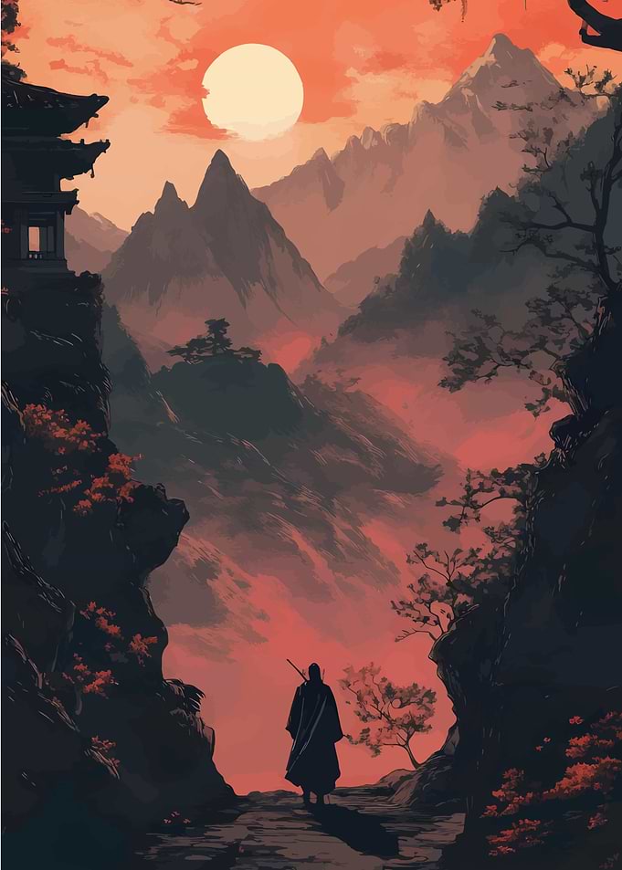 Japanese Landscape with Warrior Silhouette