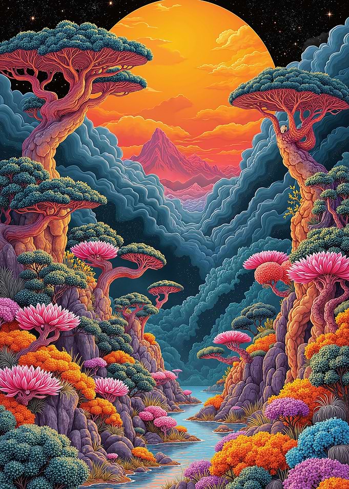 Fantasy Landscape with River and Trees