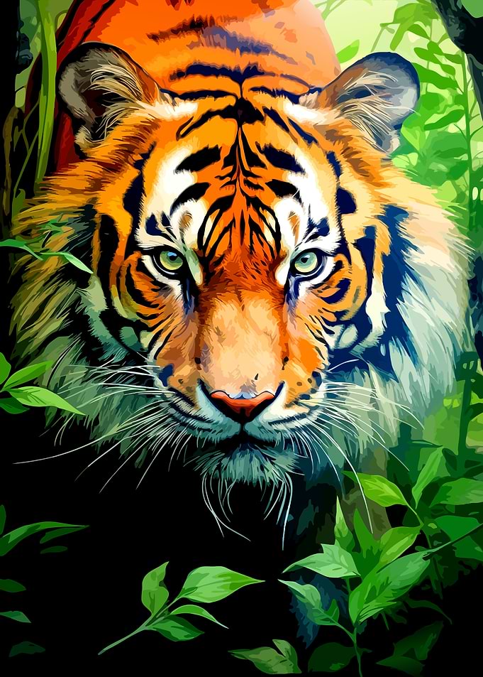 Tiger Portrait in Jungle Foliage