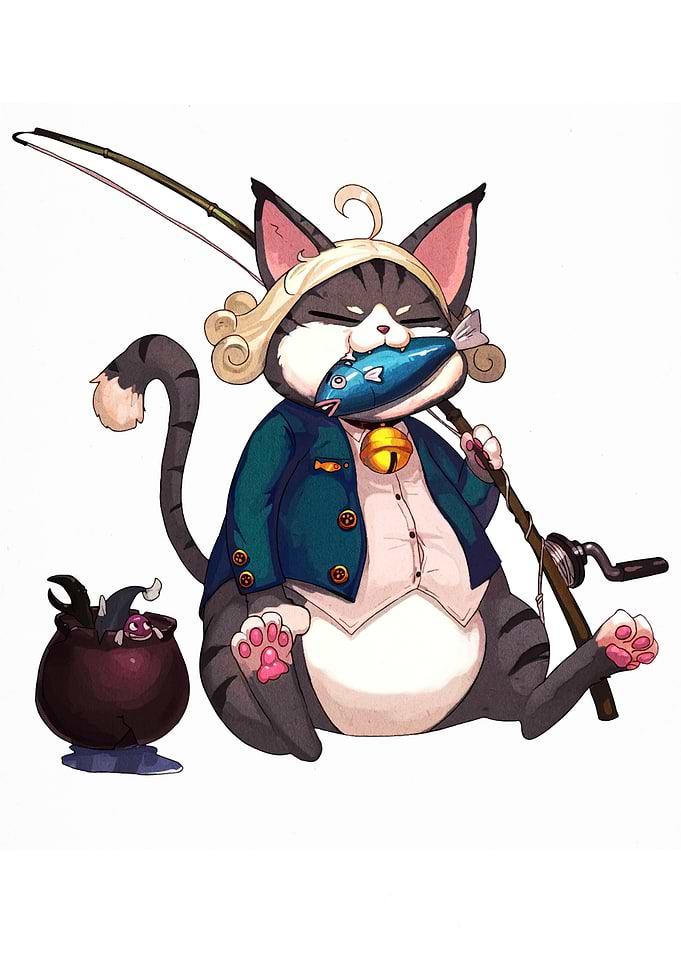 Cartoon Cat with Fish and Fishing Rod
