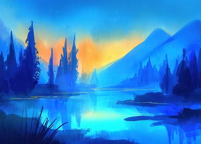 Blue Landscape with Lake and Mountains
