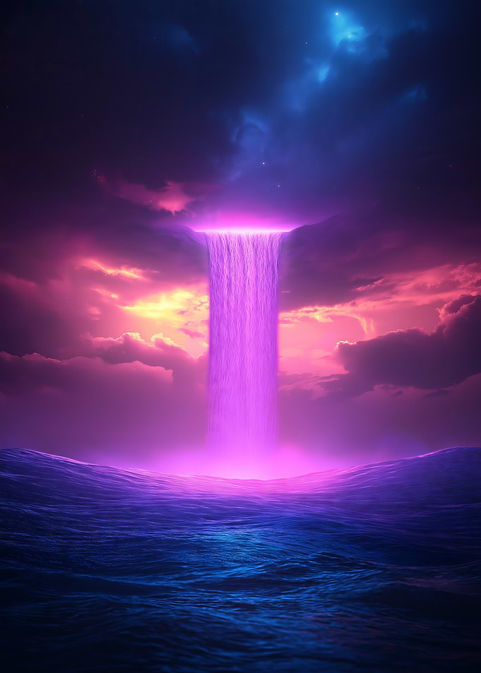 A surreal glowing waterfall flowing into a radiant sea