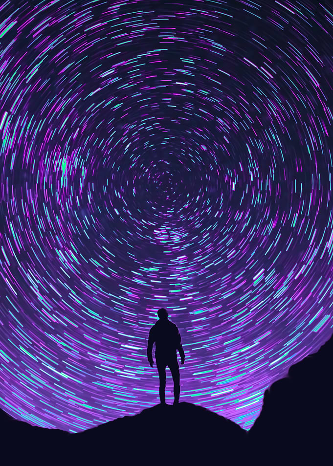 Silhouette Stargazer Under Swirling Night Sky