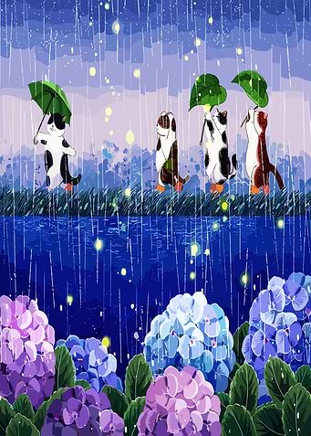 Cats in the Rain with Hydrangeas