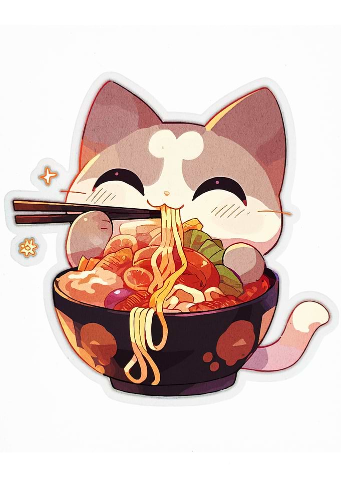 Cute Cat Eating Ramen Illustration