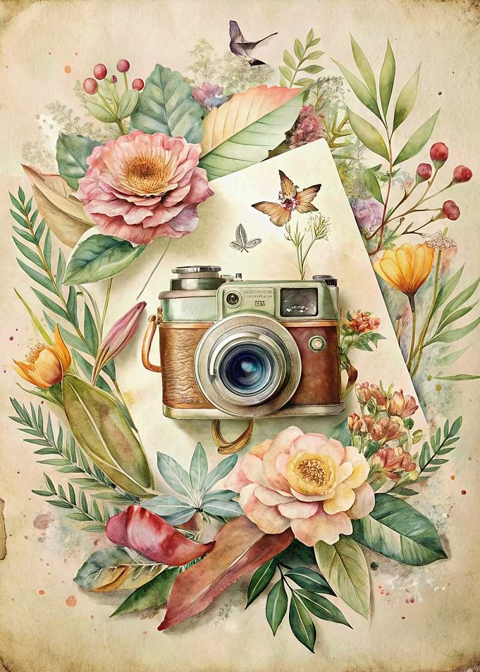 Vintage Camera with Floral Watercolor Accents