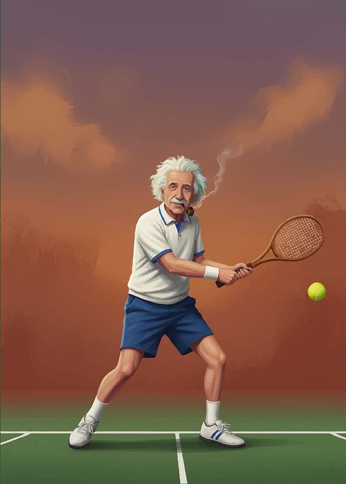 Einstein playing tennis with a pipe