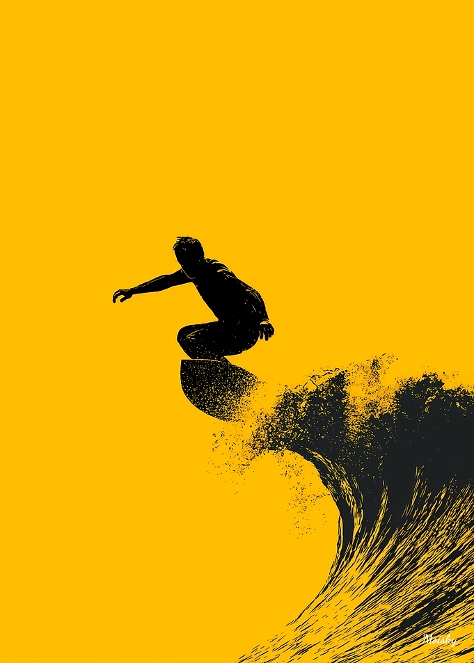 Surfer Silhouette – Bold Wave on Yellow Poster