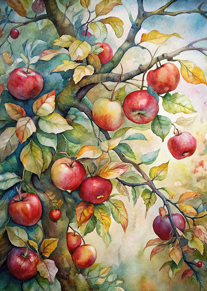 Watercolor Apple Tree with Ripe Apples