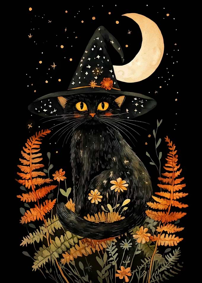 Black Cat Witch with Moon