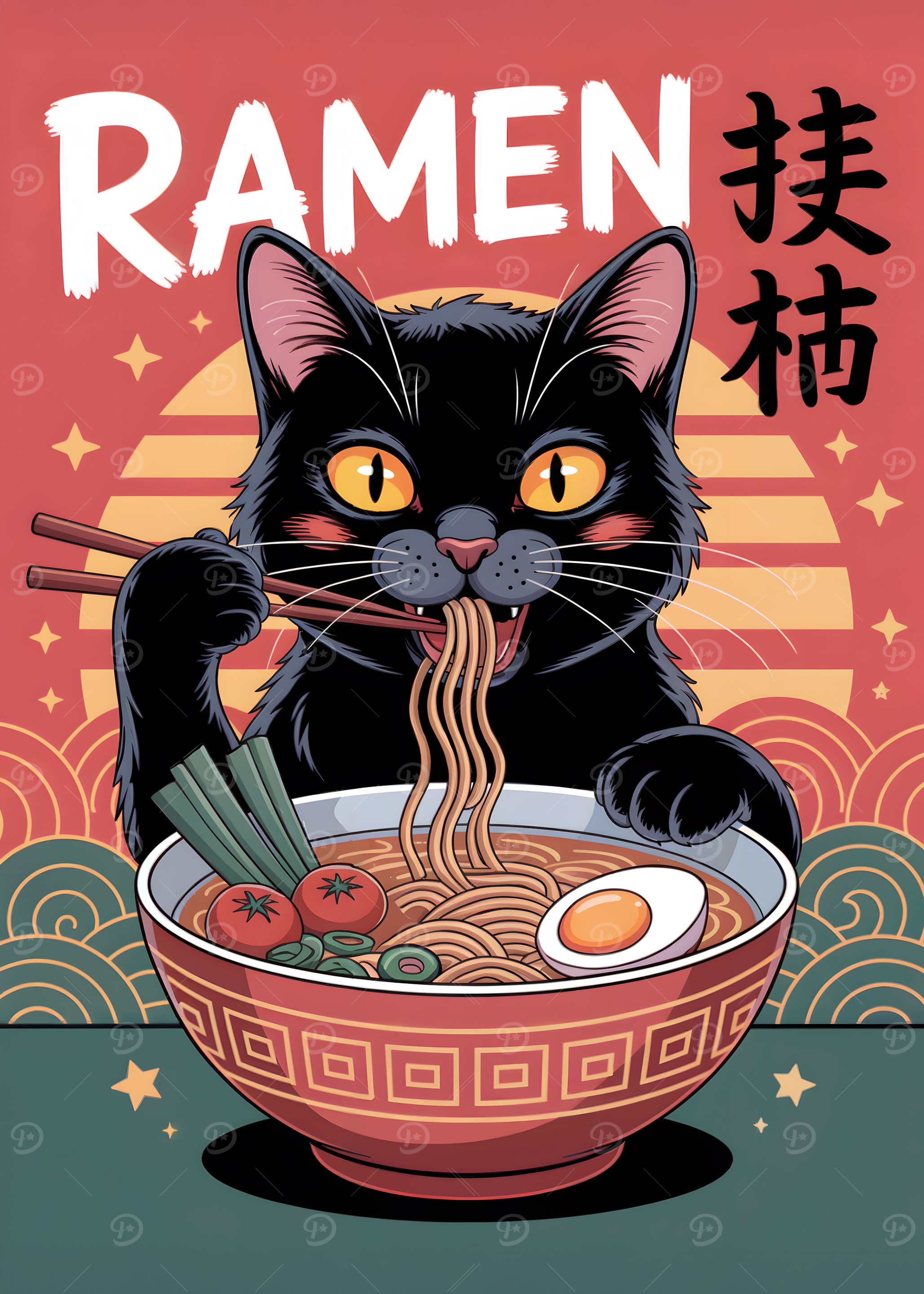 Black Cat Eating Ramen Illustration