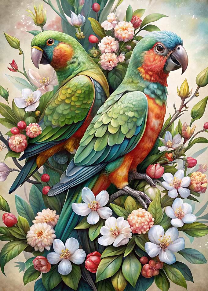 Two Parrots in Floral Arrangement