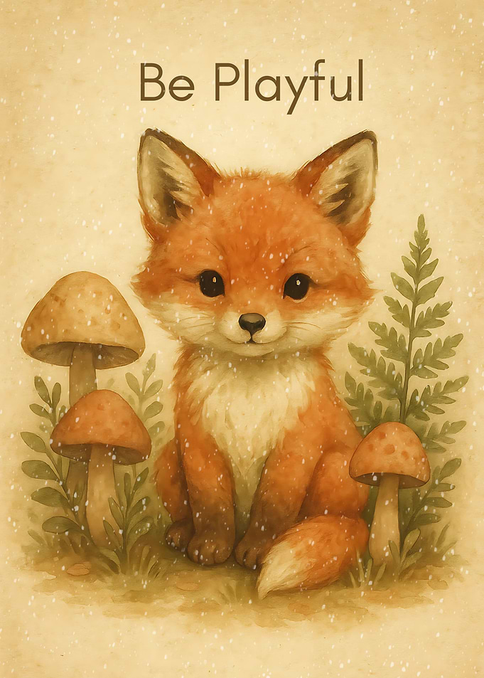 Playful Fox with Mushrooms Illustration