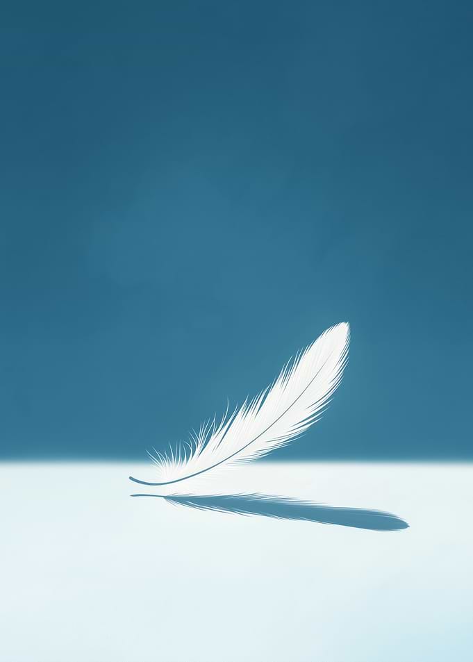 A minimalist feather falling gently on a plain surface