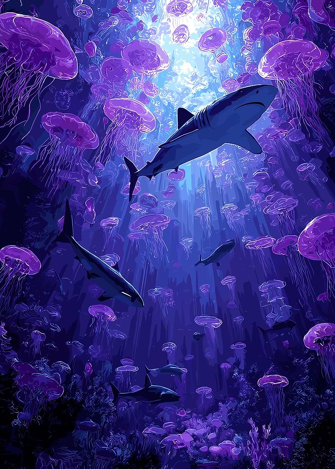 Sharks and Jellyfish in Deep Blue Sea