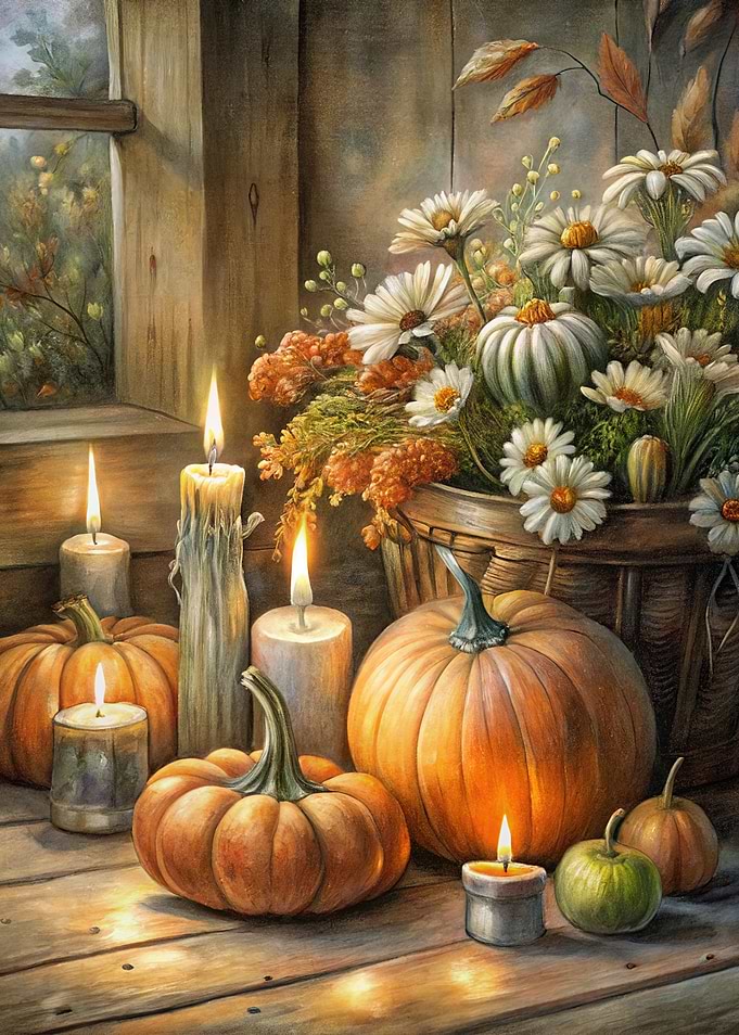 Autumn Still Life with Pumpkins and Candles