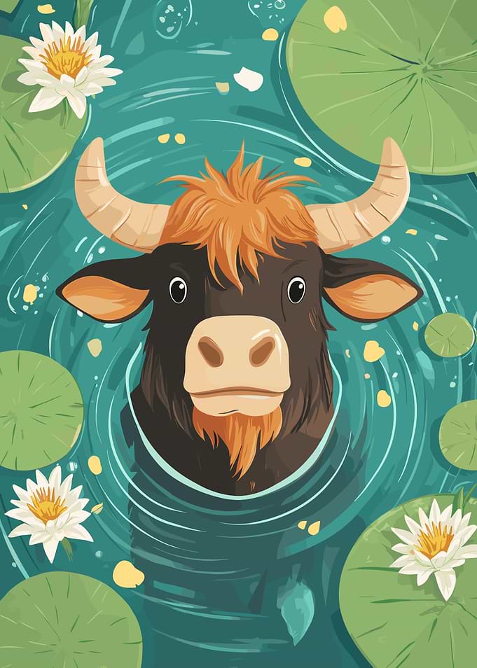 Cartoon Bull in Lily Pond Illustration