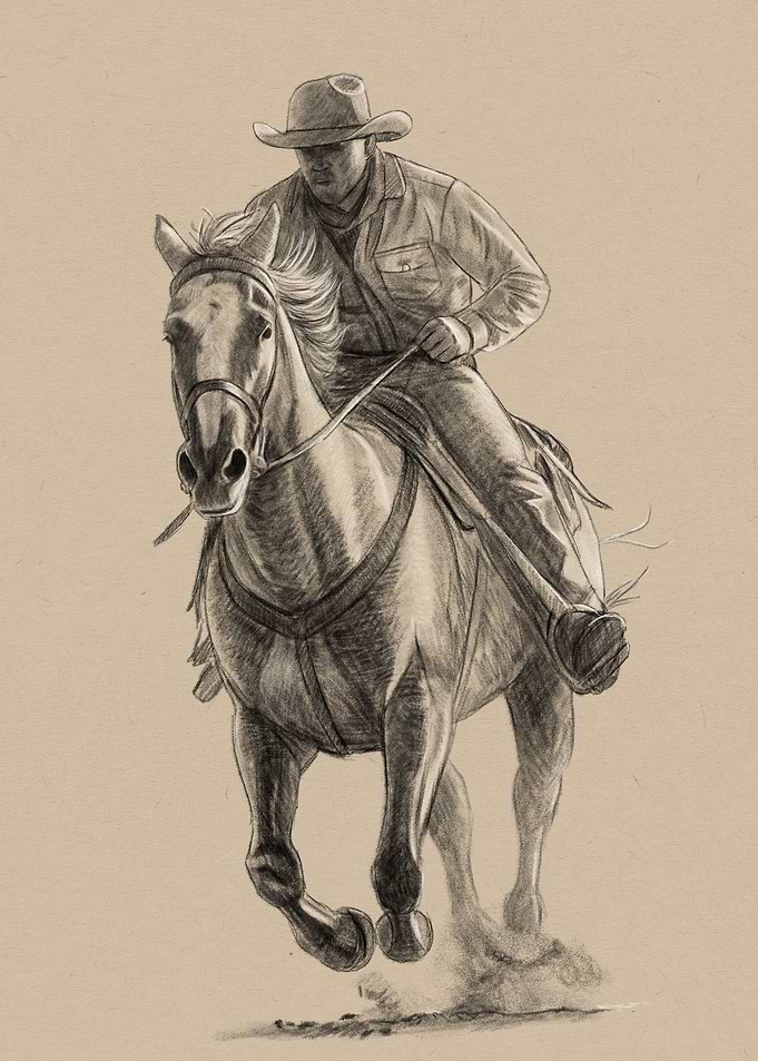 Cowboy riding horse sketch