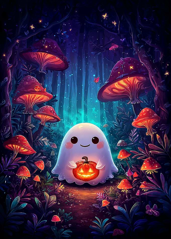 Cute Ghost with Pumpkin in Forest
