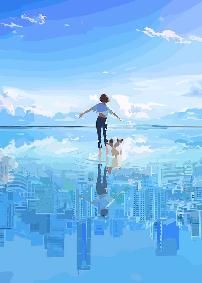 Girl and Dog on Water Reflection