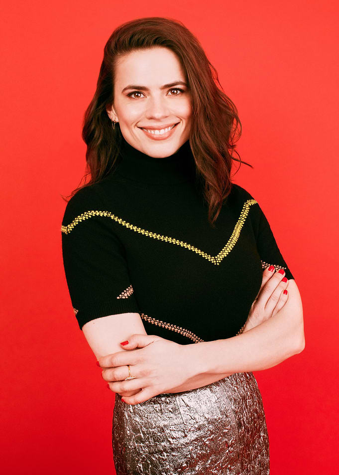 Hayley Atwell Portrait on Red Background