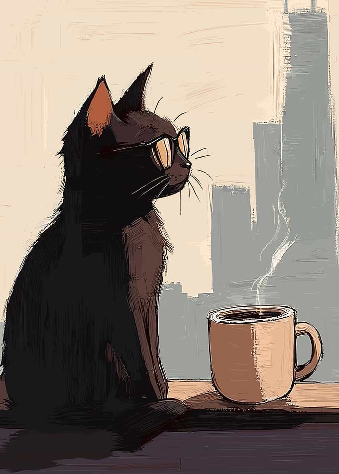 Cat with Glasses and Coffee