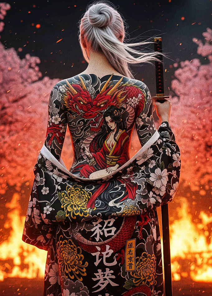 Tattooed Woman with Katana in Floral Setting