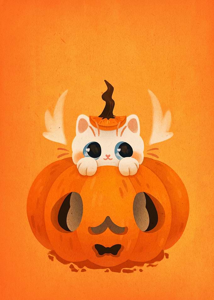 Cute Cat in Pumpkin Halloween Illustration