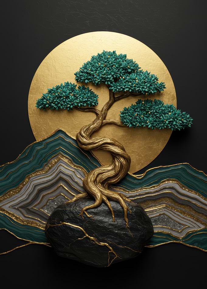 Golden Bonsai Tree with Agate Background