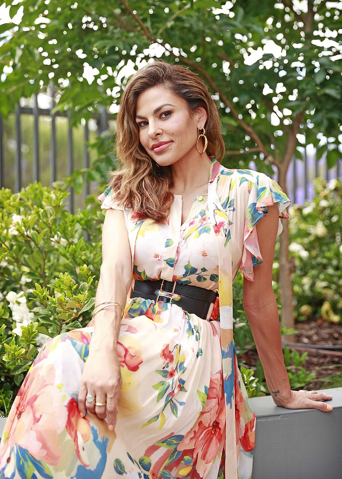 Eva Mendes in Floral Dress Outdoors