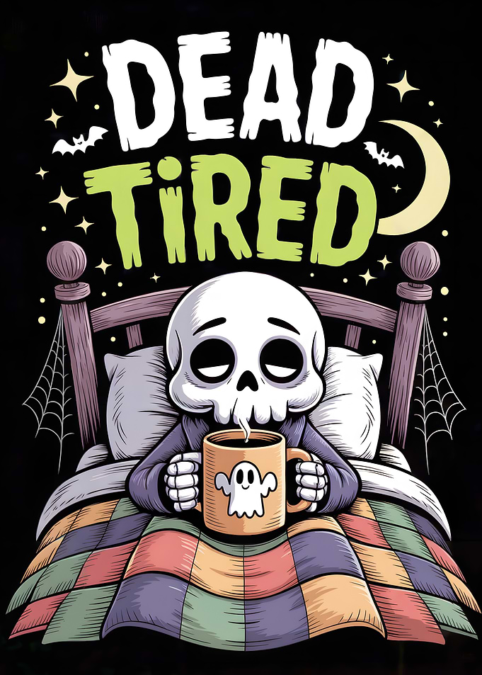 Dead Tired Skeleton with Coffee