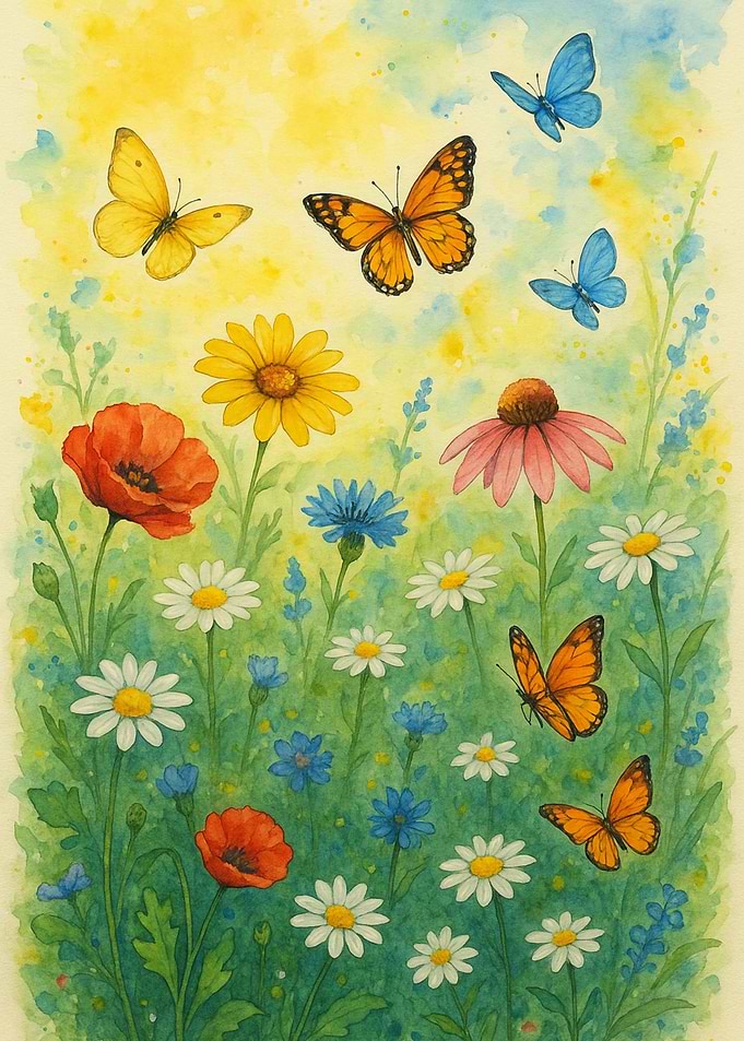 Watercolor Meadow with Butterflies and Flowers