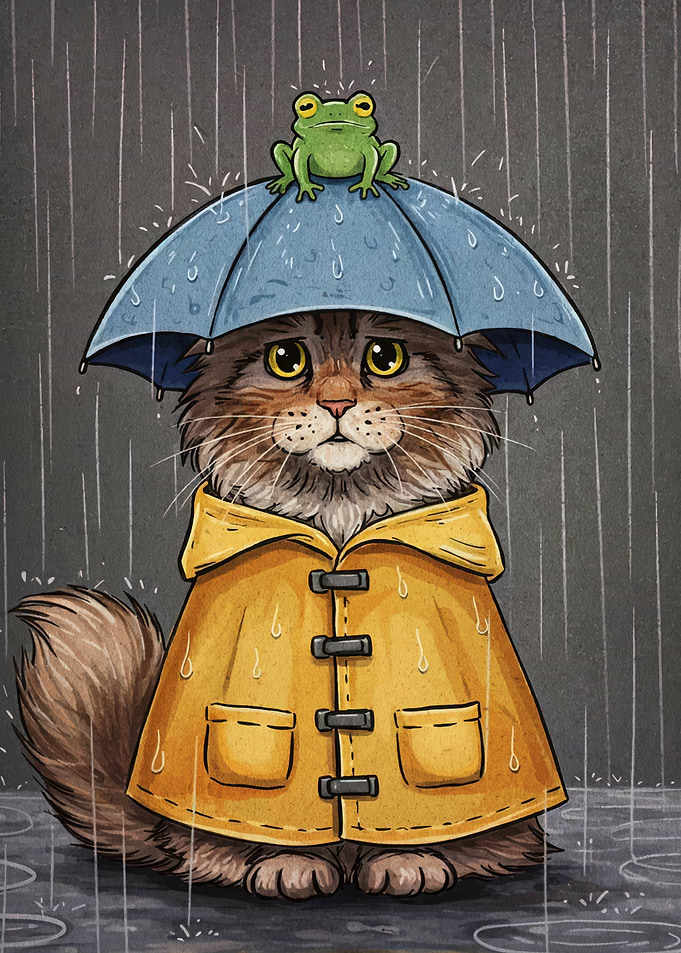 Cat in Raincoat with Frog