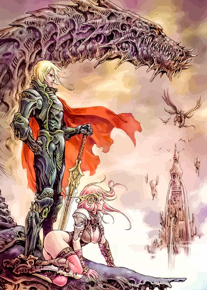 Fantasy Warrior, Elf, and Dragon Illustration