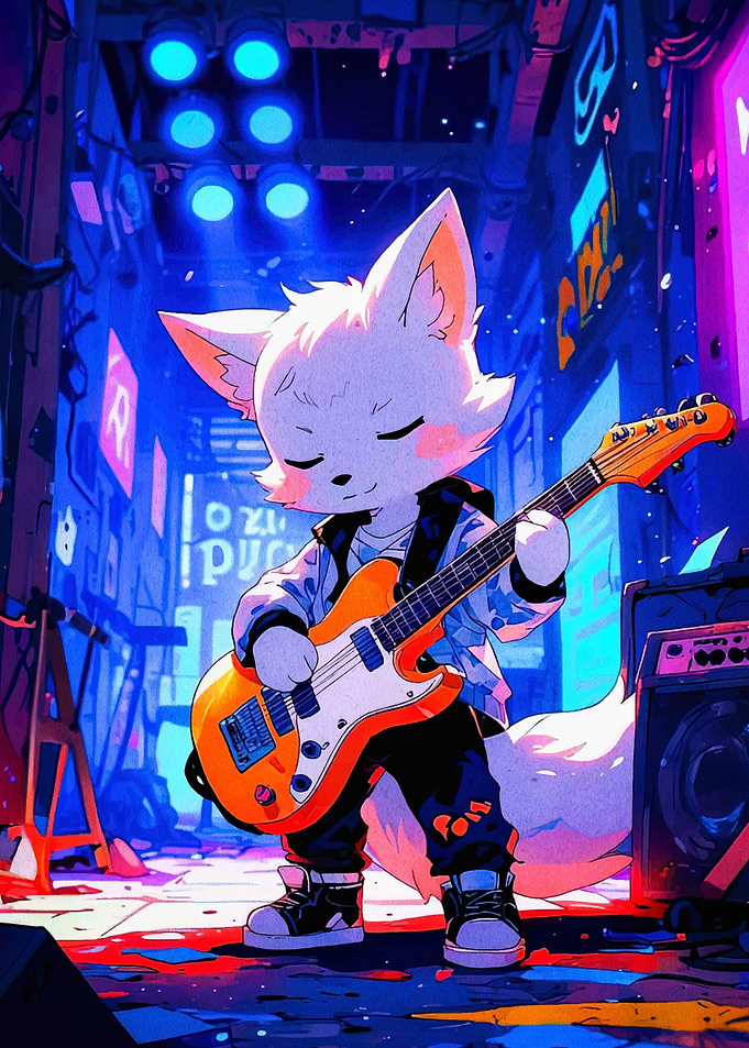 Anime Fox Playing Guitar in Cityscape