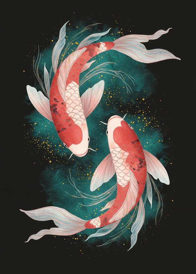 Two Koi Fish in Dark Water