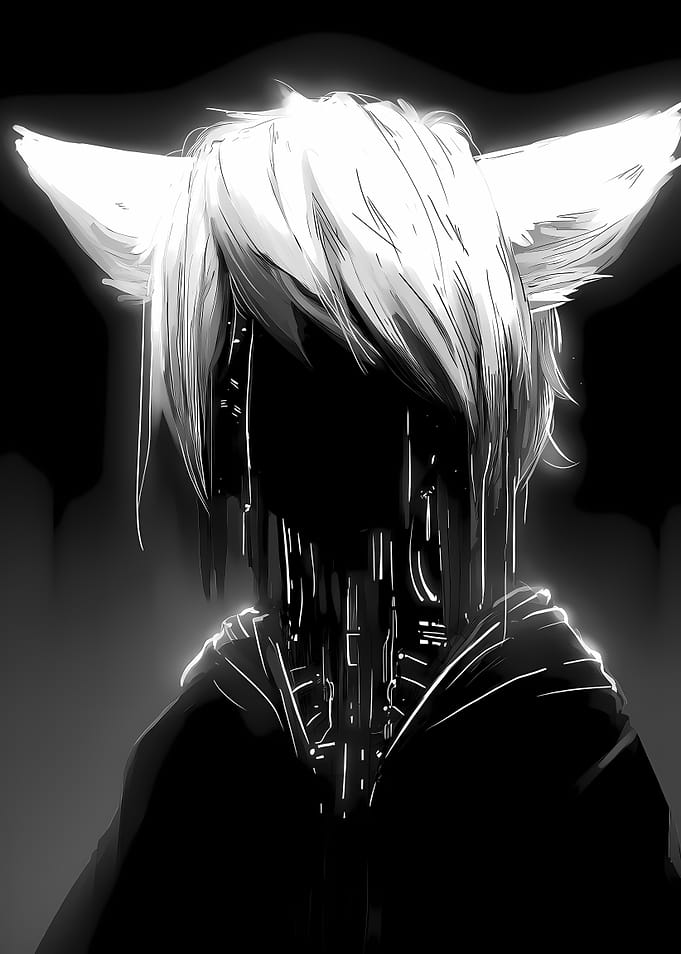 Monochrome Cybernetic Cat-Eared Figure