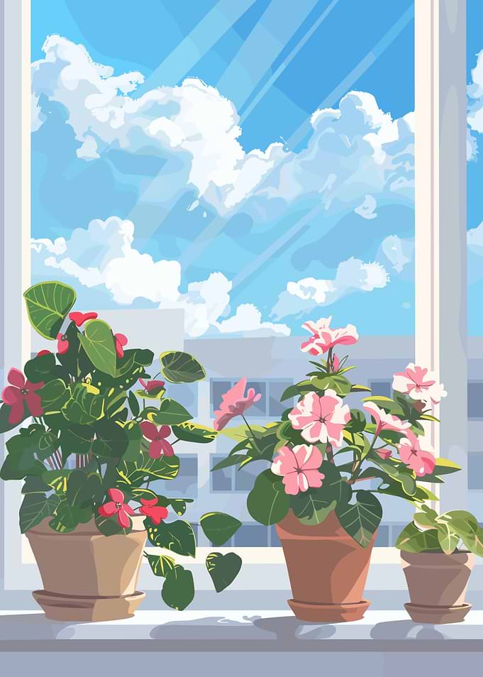 Flowers in pots by the window