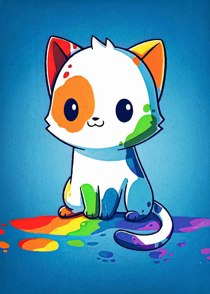 Colorful Cartoon Cat with Rainbow Paint