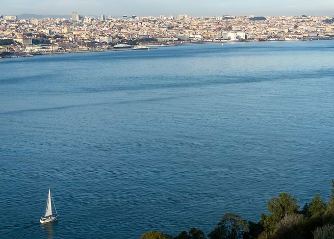 Sailboat on the water with city view