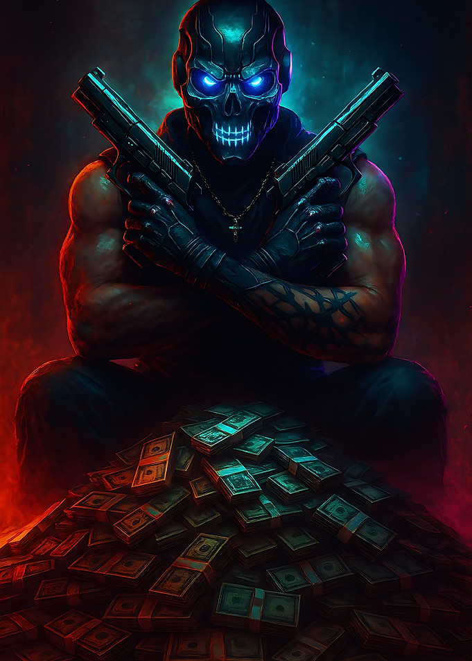 Skull Masked Figure with Guns and Money
