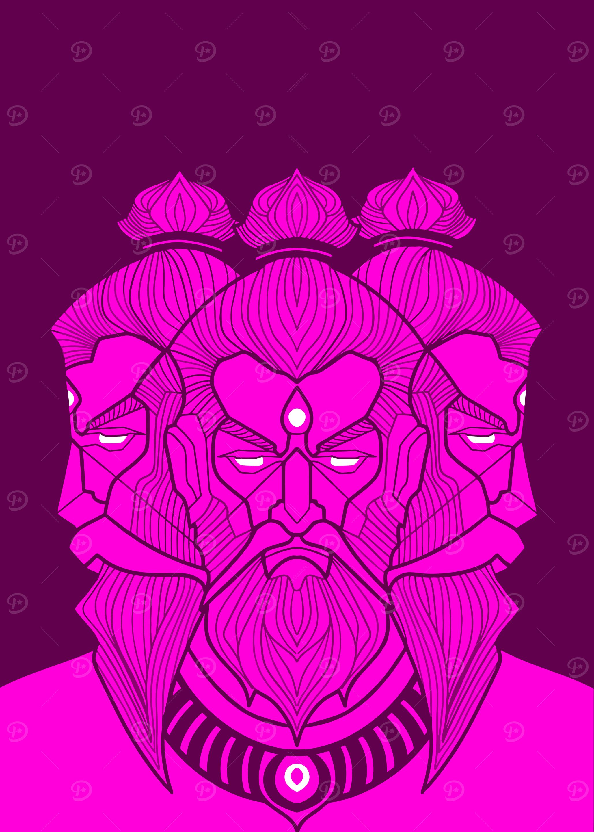 Three-Headed Deity in Pink and Purple