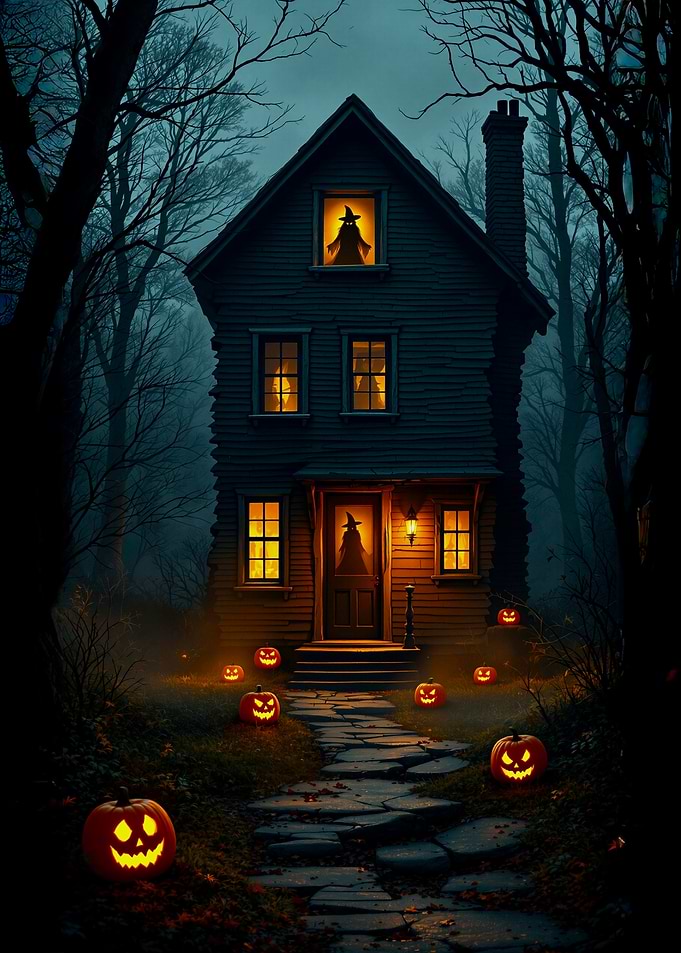 Spooky Halloween House with Witch Silhouettes